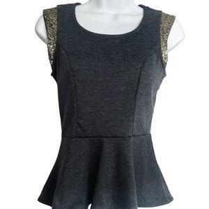 Monteau Gray Sleeveless Tank Top with Peplum and Embellished Details